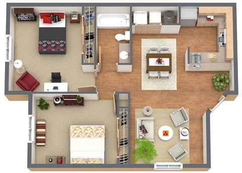 Floor plan for 2 beds, 1 bath, 950 sqft